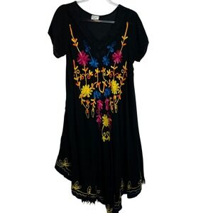 Exist Black Rayon Floral Embroidered Boho Tunic Dress V-Neck Free Size India